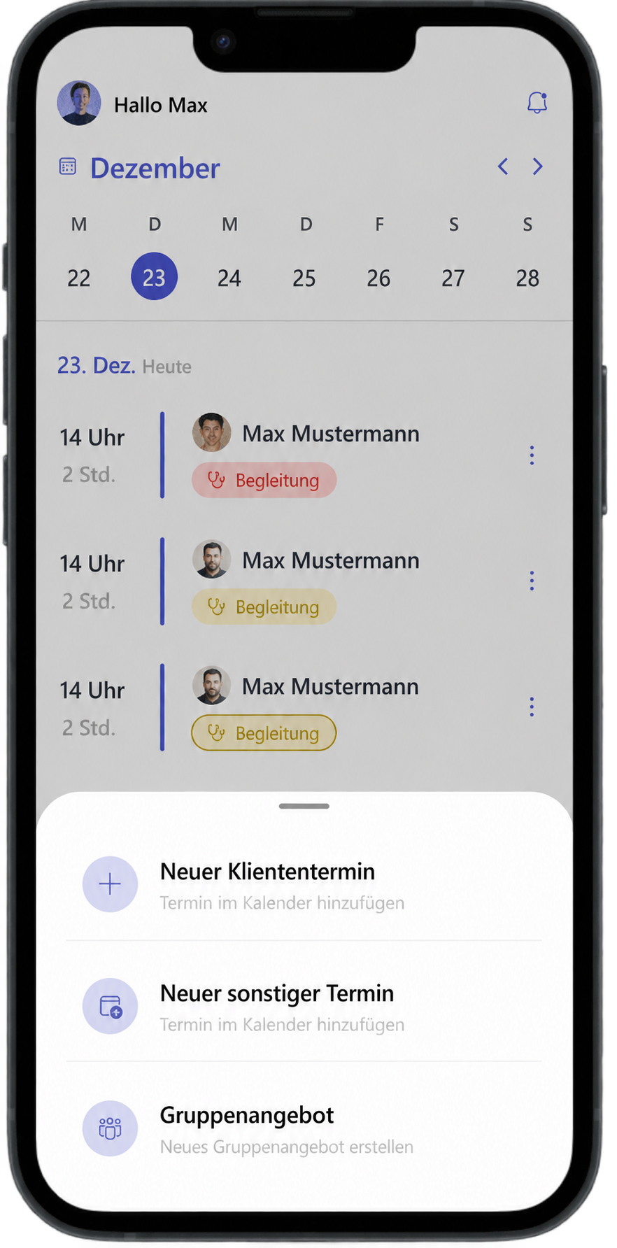 Termine koordinieren. Deutsch beschriftete Appansicht