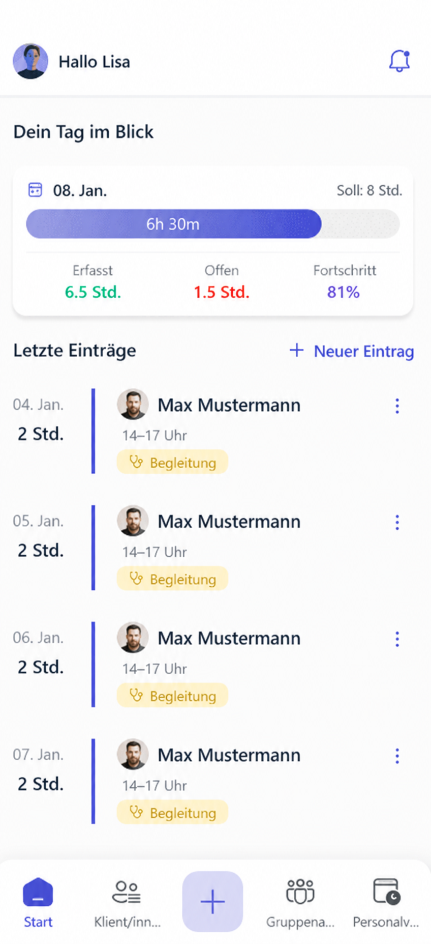 Den Tag im Blick. Deutsch beschriftete Appansicht