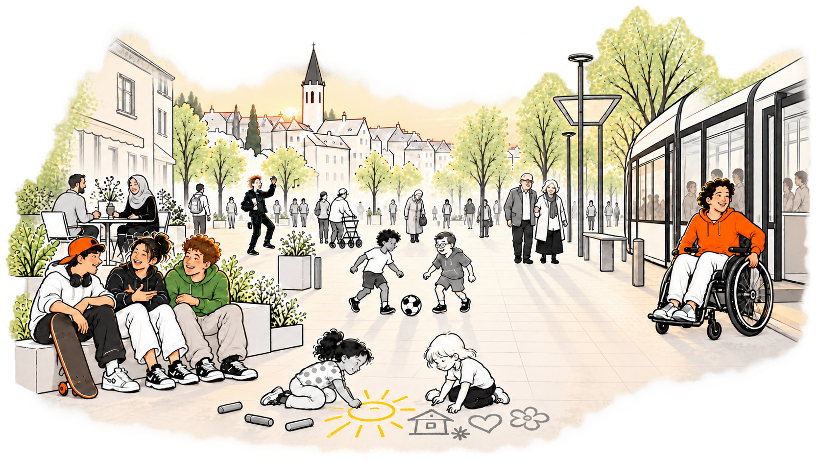 Eine lebendige inklusive Stadt: Menschen verschiedener Generationen begegnen sich, Kinder spielen und eine Rollstuhlfahrerin fährt mit der Straßenbahn.