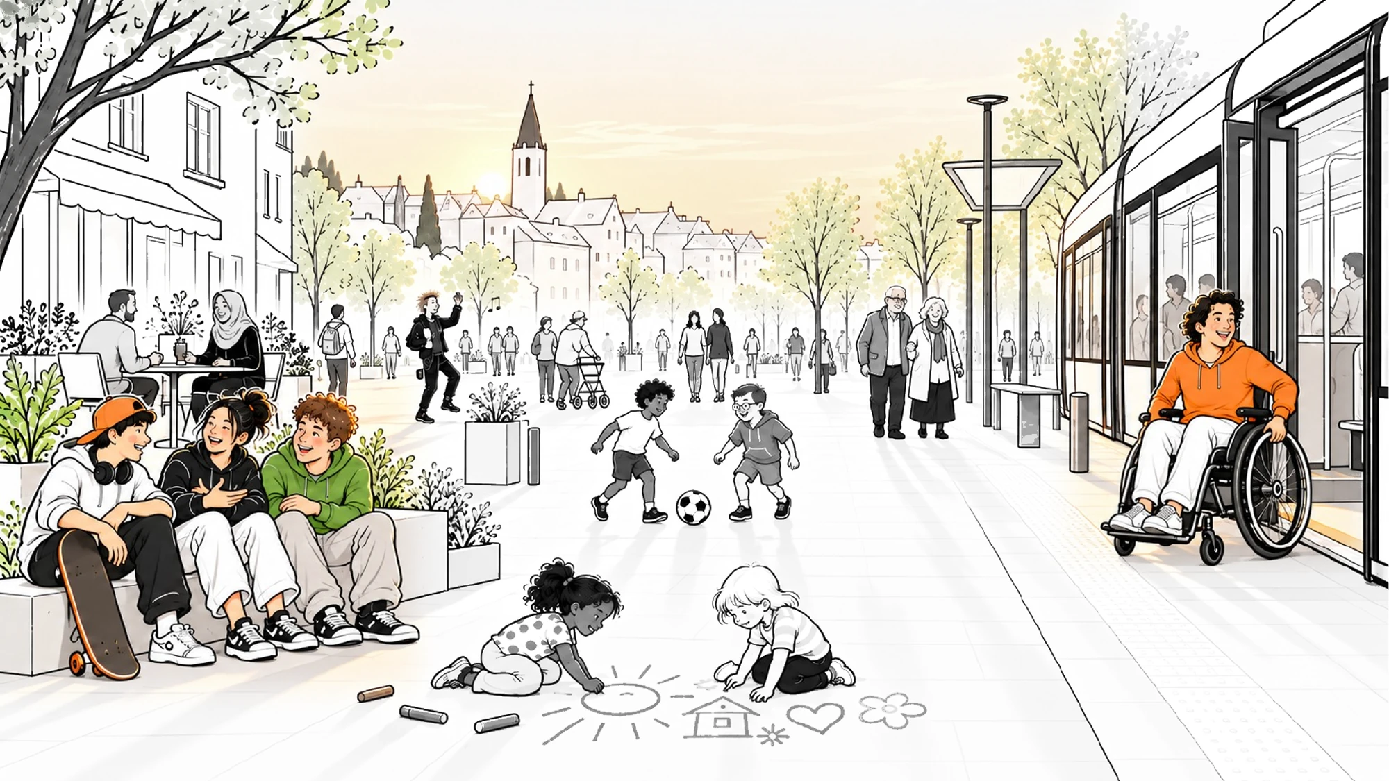 Eine lebendige inklusive Stadt: Menschen verschiedener Generationen begegnen sich, Kinder spielen und eine Rollstuhlfahrerin fährt mit der Straßenbahn.